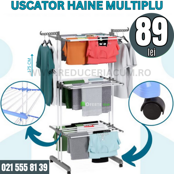 Uscator Vertical pentru Rufe si Haine, 3 niveluri, mobil, pliabil, pentru spatii mici, suport umerase, cadru rezistent, inaltime 175cm, albastru