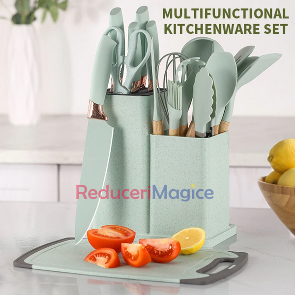 Set bucatarie de 12 ustensile de din silicon termorezistent si maner din lemn natural, GRI