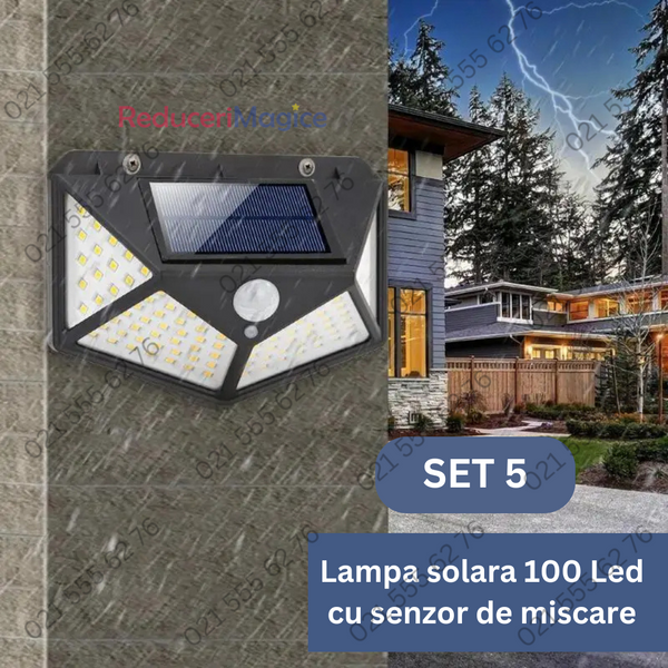 SET 5 lampi de exterior cu 100 LED uri cu incarcare solara si senzor de miscare