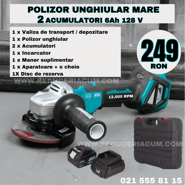 POLIZOR UNGHIULAR , FLEX CU ACUMULATOR , LEICH MANN , 2 ACUMULATORI 48 V 6 AH , 11.000 RPM , XGT, ALBASTRU