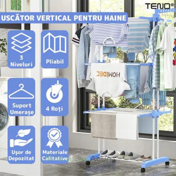 Uscator Vertical pentru Rufe si Haine, 3 niveluri, mobil, pliabil, pentru spatii mici, suport umerase, cadru rezistent, inaltime 175cm, albastru