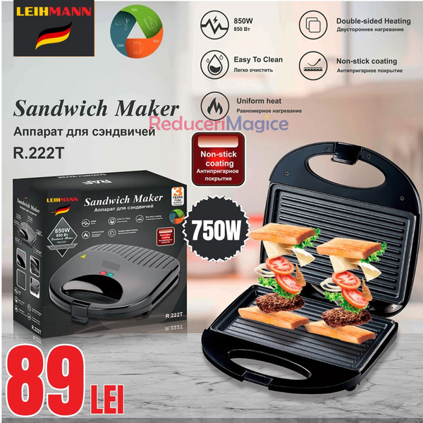 Sandwich maker, Putere 750 W, Invelis anti-aderent