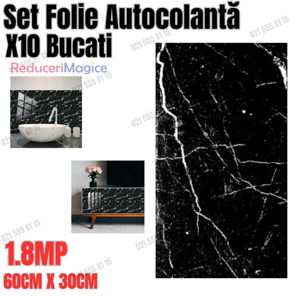 Set Folie Autocolantă Vin, Marmură Elegantă – 10 Buc, Dimensiune 60x30 cm NEGRU/ALB