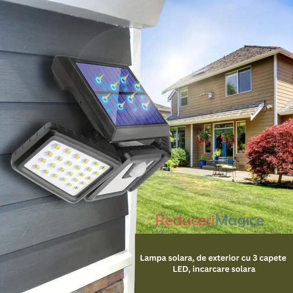 Lampa solara, de exterior cu 3 capete, LED, incarcare solara