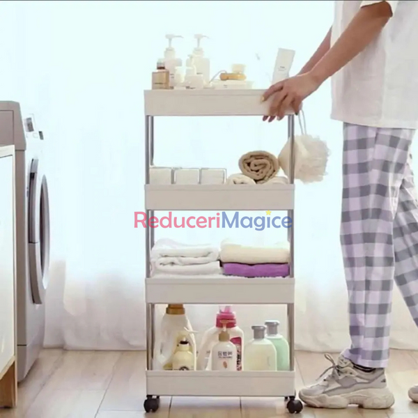 Suport depozitare, cu 4 rafturi si roti, pentru baie sau bucatarie